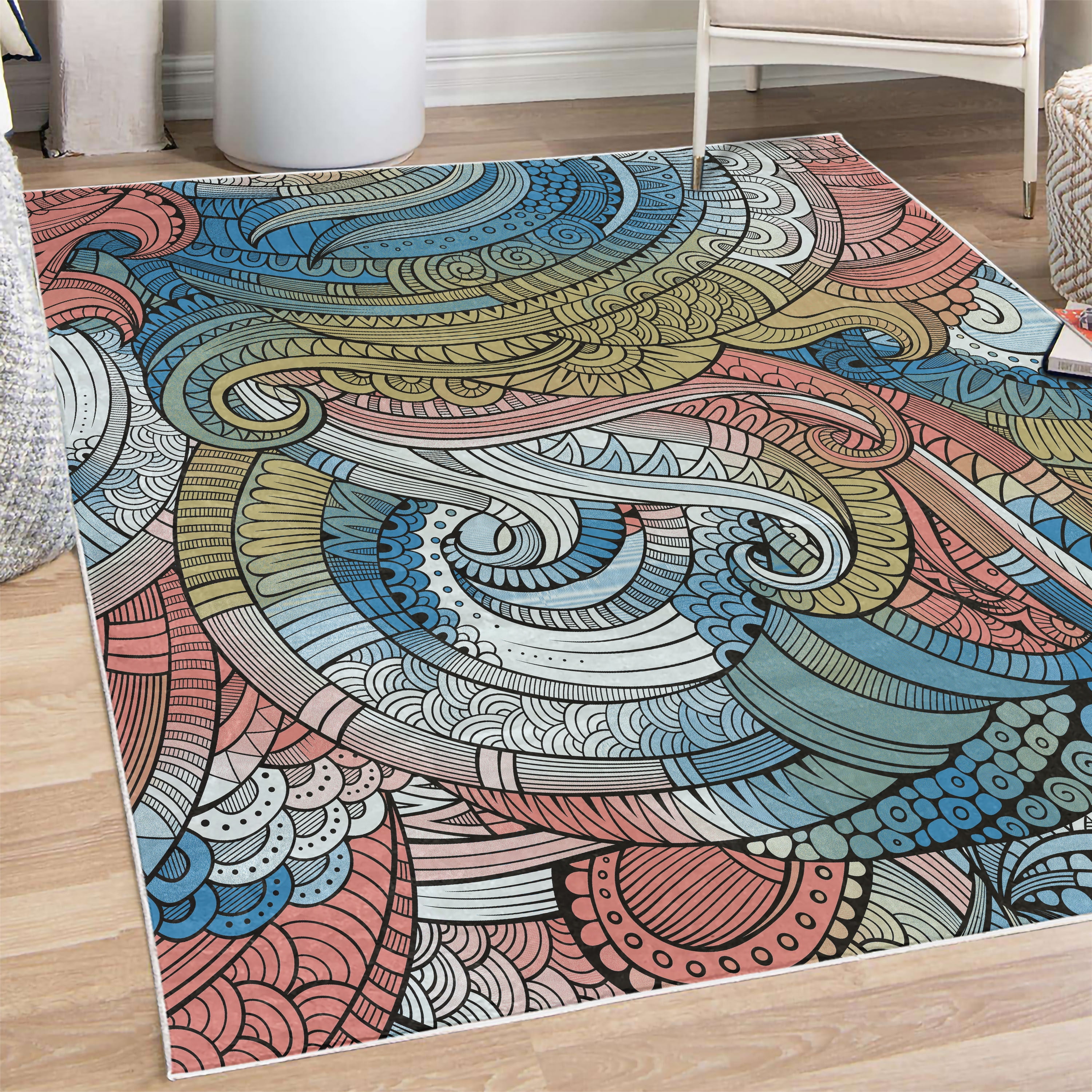 Abstract Decorative Rug, Ocean Inspired Graphic Paisley Pattern Swirled ...