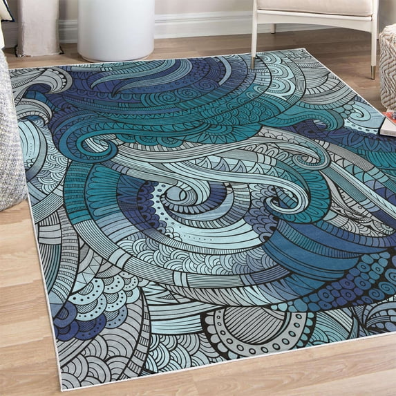 Abstract Decorative Rug, Ocean Inspired Graphic Paisley Pattern Swirled Hand Drawn Art Print, Quality Carpet for Bedroom Dorm and Living Room, 6 Sizes, Pale Petrol, by Ambesonne