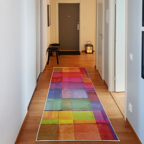 Abstract Decorative Rug, Rainbow Colored Geometric Square Shaped Blurry Effects Watercolor Design, Quality Carpet for Bedroom Dorm and Living Room, 6 Sizes, Multicolor, by Ambesonne