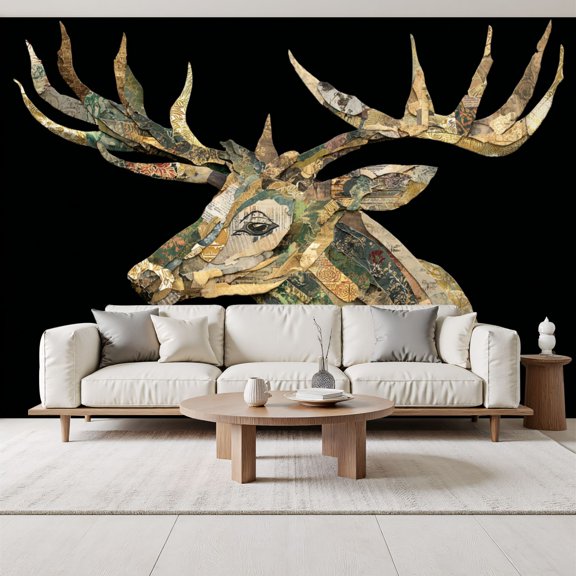 Abstract Deer Head Collage Intricate Patterns Black Peel and Stick Wall Murals 69"H x 96"W Removable PVC Wallpaper Self-Adhesive Wall Paintings for Bedroom Living Room