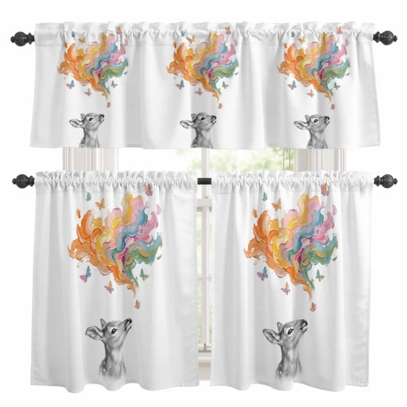 Abstract Deer Kitchen Curtains Valances and Tiers Set of 3 Colored Cloud Paint Red Blue Yellow Pink Butterfly Tier Curtains and Valance with Rod Pocket for Small Windows, 27.5"x24"