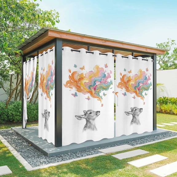 Abstract Deer Outdoor Curtains for Patio, Colored Cloud Paint Red Blue Yellow Pink Butterfly Waterproof Outside Curtains Privacy Blackout Curtain for Porch Pergola Cabana, 2 Panel 54W x 108L Inch