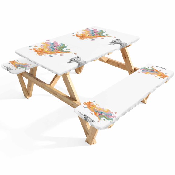 Abstract Deer Picnic Table Cover with Bench Covers Colored Cloud Paint Red Blue Yellow Pink Butterfly Waterproof Fitted Picnic Tablecloth 3 Pieces Set Table Cloth for Outdoor Camping Garden BBQ