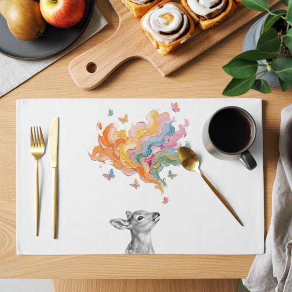 Abstract Deer Placemats Set of 1, Colored Cloud Paint Red Blue Yellow Pink Butterfly Heat Insulated Linen Place Mats, Washable Stain-Proof Table Mats for Dining Tables Holiday Decor 13x19 Inches