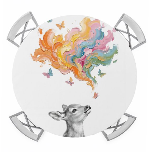 Abstract Deer Round Table Cover, Colored Cloud Paint Red Blue Yellow Pink Butterfly Waterproof Fitted Tablecloths for 36"-44" Tables, Washable Picnic Table Cover for Camping Dining Indoor Outdoor