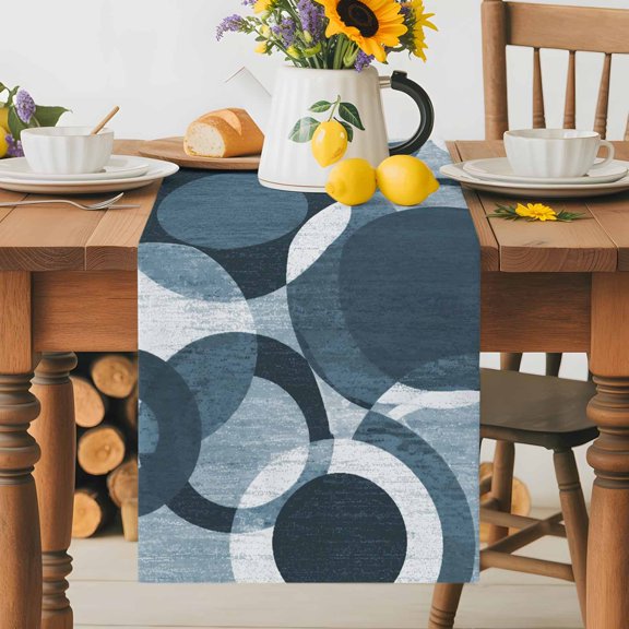 Abstract Denim Blue Circle Table Runner 72 Inches Long, Abstract Geometric Art Table Runners Tabletop Scarf Kitchen Dining Tables Decoration for Home Party Indoor Outdoor