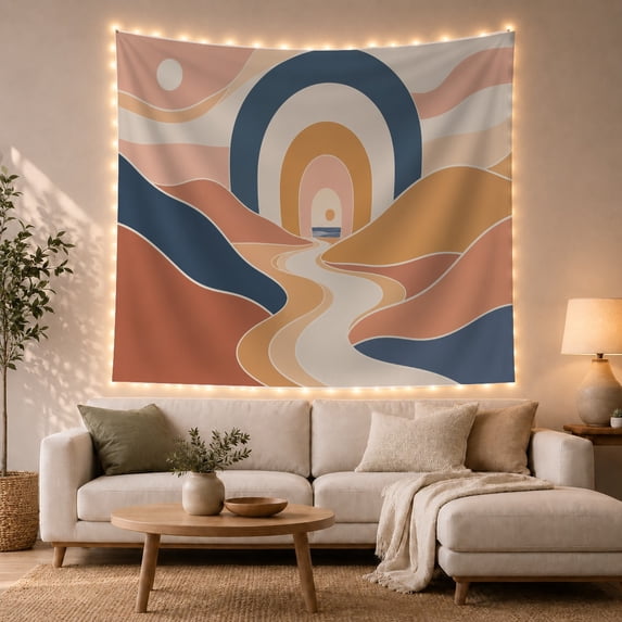 Abstract Desert Landscape with Arch and Dunes, Dreamy Retro for Nature Lovers, Boho Wall Art Decor, Housewarming Gift Tapestry Wall Hanging for Bedroom and Living Room