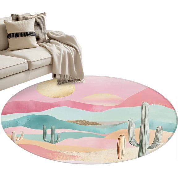 Abstract Desert Round Area Rug 3ft Cactus Mountain Sun Non-Slip Washable Circle Rugs Soft Felt Indoor Floor Mat for Bedroom Kitchen Living Room Bathroom