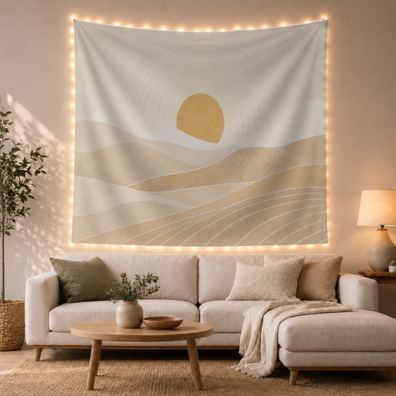 Abstract Desert Sun in Minimalist Sand Dune Scene, Serene Abstract for Nature Lovers, Contemporary Landscape Wall Art, Housewarming Gift Tapestry Wall Hanging for Bedroom and Living Room