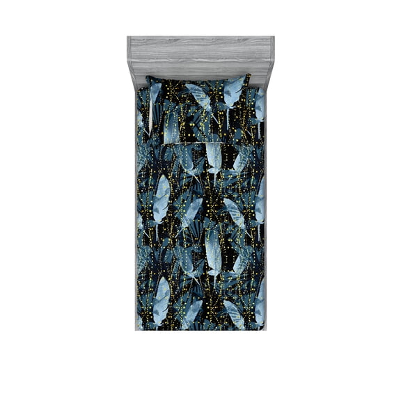 Abstract Design Fitted Sheet & Pillow Sham Set, Grunge Feels Spots Ornaments with Feather Look Pattern Neutral, Decorative Printed 2 Piece Bedding Decor, Twin, Mustard Pale Ceil Blue, by Ambesonne