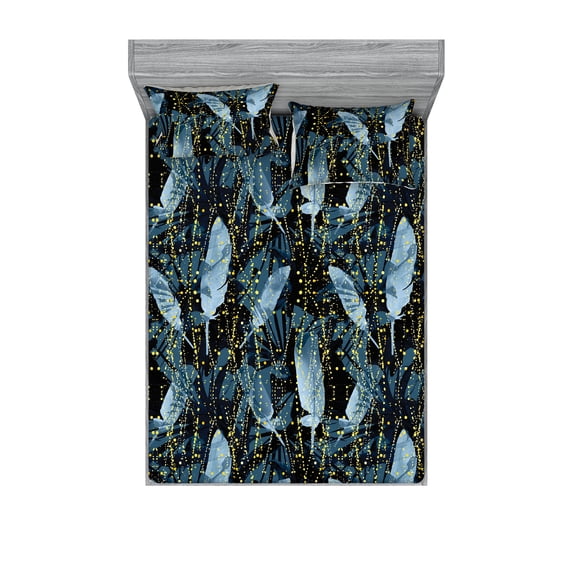 Abstract Design Fitted Sheet & Pillow Sham Set, Grunge Feels Spots Ornaments with Feather Look Pattern Neutral, Decorative Printed 3 Piece Bedding Decor, King, Mustard Pale Ceil Blue, by Ambesonne