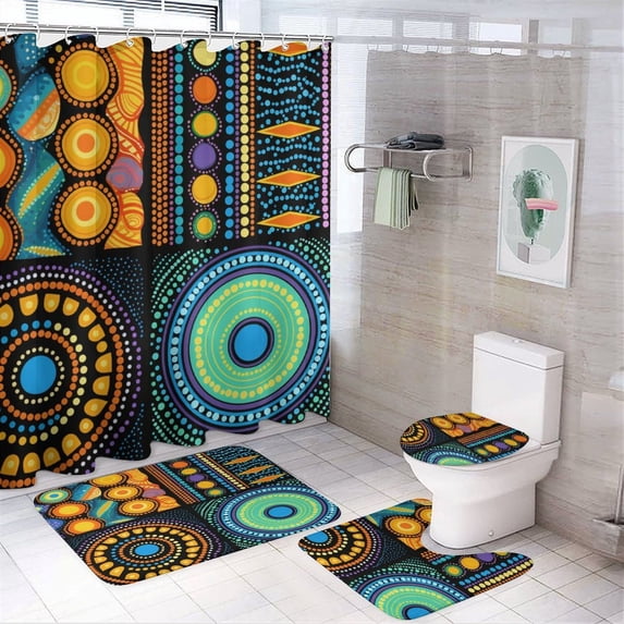 Abstract Design Geometric 4 Piece Decor Shower Curtains Sets Bathroom Decor Set with Non-Slip Rugs Toilet Lid Cover And Bath Mat Geometric Marble Durable And Waterproof for Bathroom Decor Set