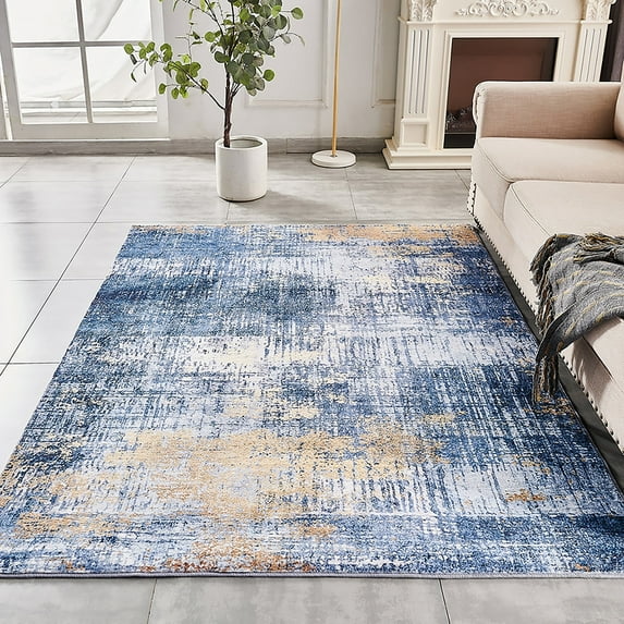 Abstract Design Machine Washable Super Soft Area Rug - 9' x 7' Blue Gold