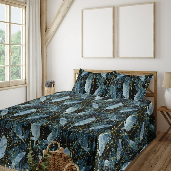 Ambesonne Abstract Design Fitted & Flat Sheet with Shams 4 Pcs Set, Art Grunge Feathers, Full, Mustard Pale Ceil Blue