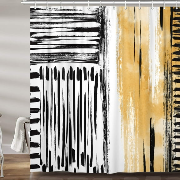 Abstract Designer Shower Curtain Aesthetic Art, Modern Neutral Black and white Yellow Brown Fabric Shower Curtains Set for Men Bathroom Decorative, Restroom Decor Accessories 72X72 Inch