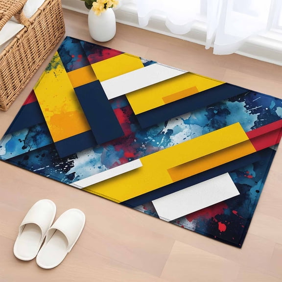 Abstract Diagonal Blocks Entryway Rug 2'x3' Art Geometric Navy Blue Color Splash Small Area Rug Non-Slip Front Door Mat Washable Floor Carpet for Indoor Entrance Kitchen Bathroom