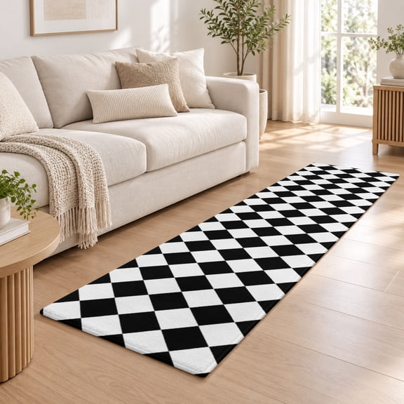 Abstract Diamond Lattice Black and White Runner Rug for Kitchen Bedroom Hallway Runner Rugs 2x6ft, Modern Buffalo Check Soft Non-Slip Floor Carpet for Entryway Stair Washable Cushion Rug