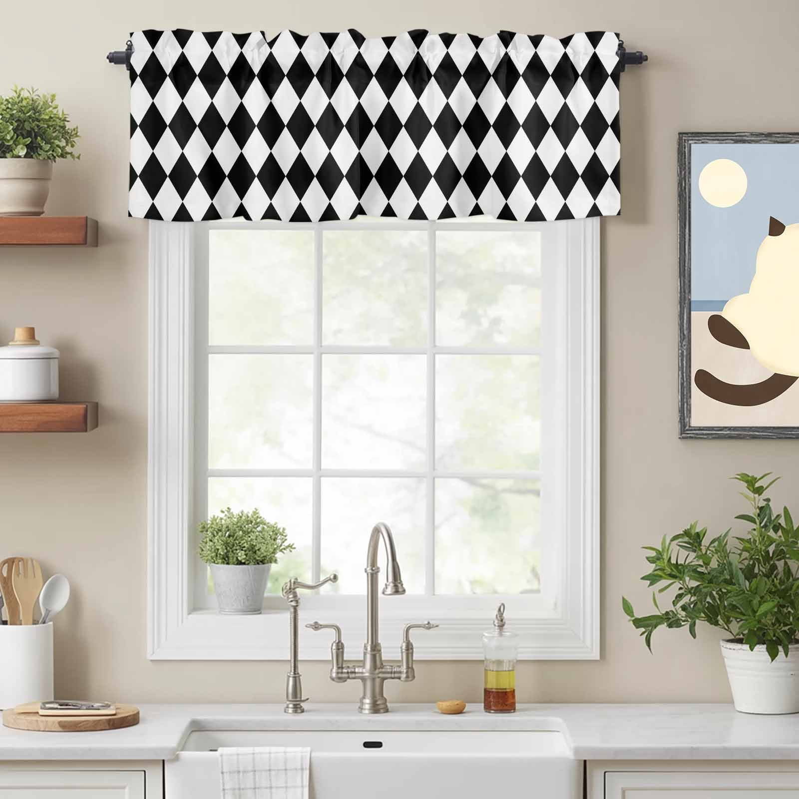 Abstract Diamond Lattice Black and White Valances for Windows,Kitchen ...