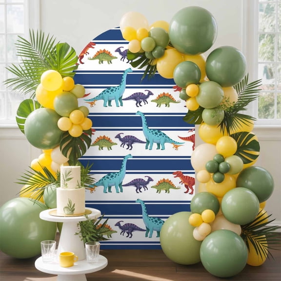 Abstract Dinosaur Arch Backdrop Cover, 4FT, Red Purple Green Dinosaur Navy Blue Striped Spandex Arch Covers Double-Sided Backdrop for Wedding Birthday Party Photo Background Decoration