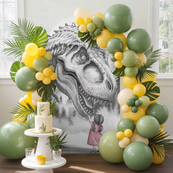 Abstract Dinosaur Arch Backdrop Cover, 7.2FT, Retro Gray Animal Little Girl Spandex Arch Covers Double-Sided Backdrop for Wedding Birthday Party Photo Background Decoration