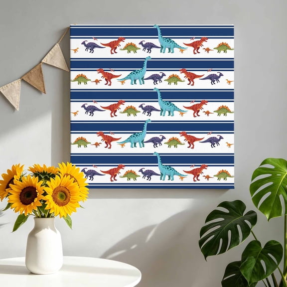 Abstract Dinosaur Canvas Wall Art, Red Purple Green Dinosaur Navy Blue Striped Framed Canvas Wall Decor Picture Print Artwork Decorations for Living Room Office Ready to Hang 16" x 16"