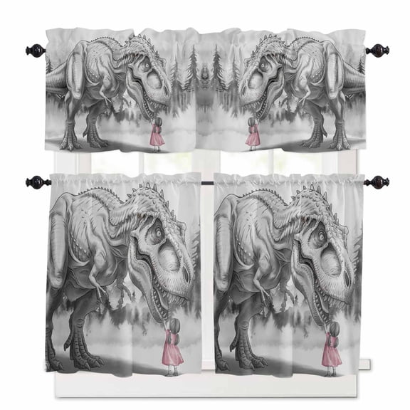 Abstract Dinosaur Kitchen Curtains Valances and Tiers Set of 3, 36 Inch Length Tier Curtains and Valance Rod Pocket Valance Curtains Set for Kitchen Bathroom Small Windows