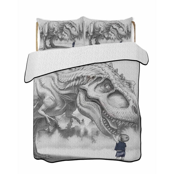 Abstract Dinosaur Quilts Bedding Set King Size Retro Gray Animal Little Boy Lightweight Quilted Bedspread 3 Piece Bed Quilt with 2 Pillow Shams All Season for Bedroom 90" x 96"