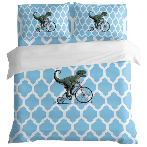Abstract Dinosaurs Riding Bicycle King Size Bed Set,Blue Moroccan Pattern Bedding for All Seasons,4 Pcs Bed Set with 1 Quiltcover (104"x90"),1 Sheet (108"x98"),2 Pillowcases (20"x36")