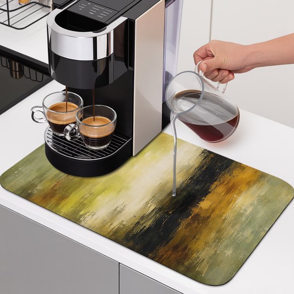 Abstract Dish Drying Mats for Kitchen Counter, Olive Green Amber Yellow Splattered Paint Specks Style Absorbent Coffee Bar Mat with Non-slip Rubber Backed Quick Drying Dish Rack Pad 12"x16"