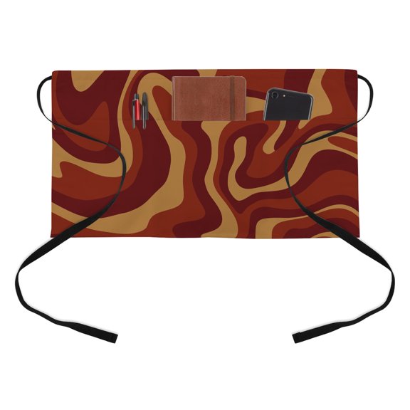 Abstract Distortion Texture Half Waist Apron Brown Yellow Line Fluid Art Short Waiter Aprons with 3 Pockets for Women Men Kitchen Restaurant Cooking