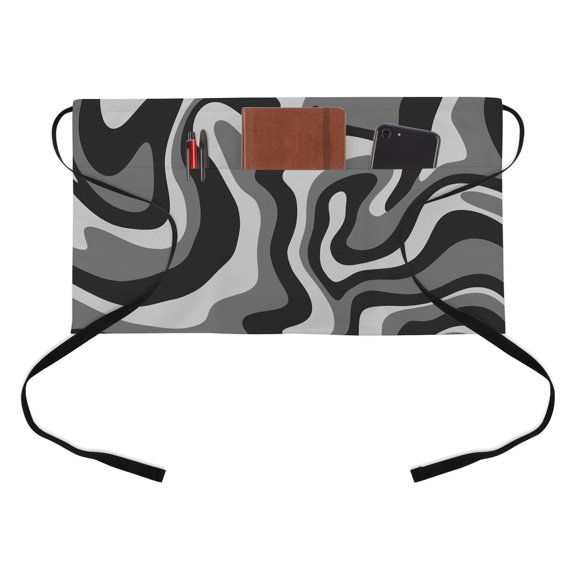 Abstract Distortion Texture Half Waist Apron Grey Black Line Fluid Art Short Waiter Aprons with 3 Pockets for Women Men Kitchen Restaurant Cooking