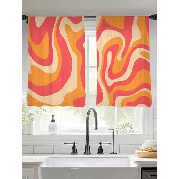 Abstract Distortion Texture Sheer Curtains 54 Inches Long 2 Panels Red Yellow Line Fluid Art Light Filtering Semi Sheer Window Curtains Drapes for Bedroom Living Room 52"x54"