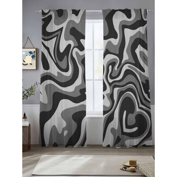 Abstract Distortion Texture Sheer Curtains 96 Inches Long 2 Panels Grey Black Line Fluid Art Light Filtering Semi Sheer Window Curtains Drapes for Bedroom Living Room 52"x96"