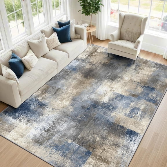 Abstract Distressed Area Rugs, Blue Grey Cream Neutral Carpet, Washable Non Slip Low Pile Soft Rug for Living Room Bedroom Decor Mat 2x3ft