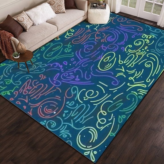 Abstract Doodle Hand Drawn Romantic Chaotic Wavy Lines Curl Scroll Area Rug Outdoor Patio Rug Play Mat Floor Mat Modern Carpet Non-Slip Home Decor Living Room 1x2ft