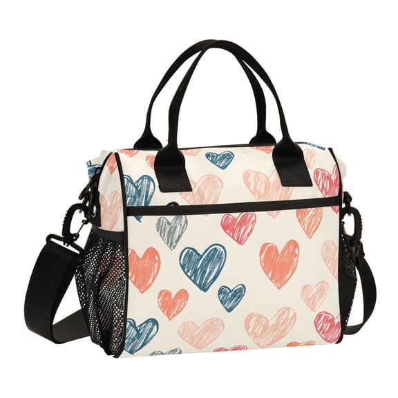 Abstract Doodle Hearts Lunch Bag Insulated Lunch Box Leakproof Reusable Cooler Tote Adjustable Shoulder Strap for Men Women 12L