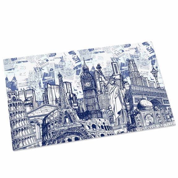 Abstract Door Mat 16x24 Inch White and Navy Blue Global Landmarks Collage Art Entryway Rug with Non-Slip Rubber, Front Door Mat Indoor Floor Mats for Living Room Bathroom Bedroom Home Office
