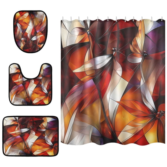 Abstract Dragonflies Bathroom Accessory Curtain Sets Bath Curtain Anti-Slip Mats and Toilet Pad 66x72in