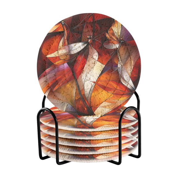 Abstract Dragonflies 4in Bar Coasters Set of 6 with Storage Rack Durable Heat Resistant