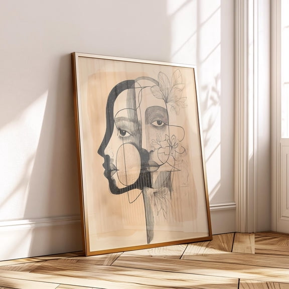 Abstract Dual Face Surreal Line Art Botanical Feminine Art, Unframed Canvas 12x16in