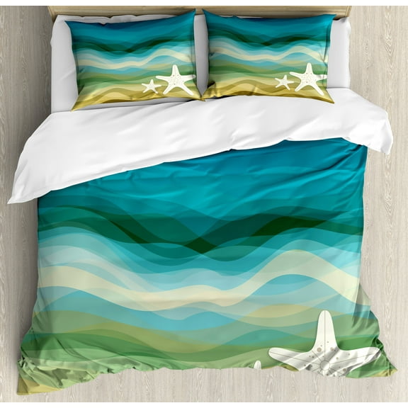 Abstract Duvet Cover Set, Abstract Design Modern Illustration of Waves Starfish Sandy Beach Aquatic Theme, Decorative 3 Piece Bedding Set with 2 Pillow Shams, Calking Size, Blue Beige, by Ambesonne