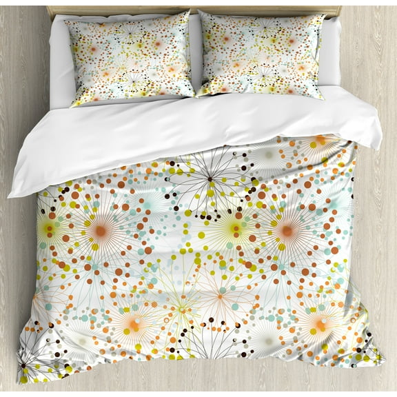 Abstract Duvet Cover Set, Abstract Lines with Colorful Dots Curves Floral Inspirations in Absurd Art, Decorative 3 Piece Bedding Set with 2 Pillow Shams, Calking Size, Multicolor, by Ambesonne