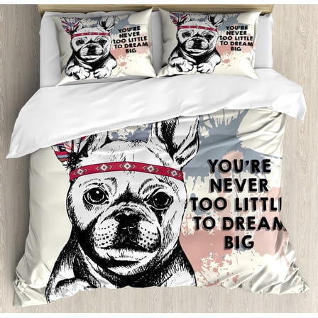 Abstract Duvet Cover Set, Animal Pub Dog with Tribal Feathers and Inspirational Words Print, Decorative 3 Piece Bedding Set with 2 Pillow Shams, King Size, White Black, by Ambesonne