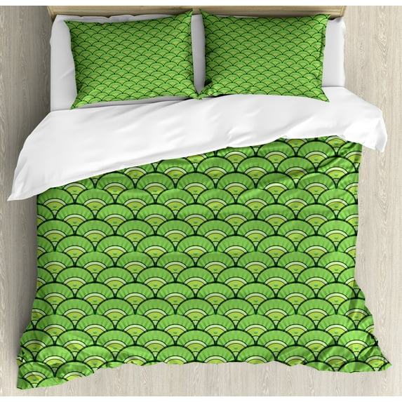 Abstract Duvet Cover Set, Arching Round Blots and Vertical Stripes Retro Cultural Design, Decorative 3 Piece Bedding Set with 2 Pillow Shams, King Size, Apple Green and Lime Green, by Ambesonne