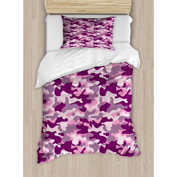 Abstract Duvet Cover Set, Army Camouflage Patterns Commando Uniforms Motif Woman Solider Elements, Decorative 2 Piece Bedding Set with 1 Pillow Shams, Twin Size, Plum Pale Pink Mauve, by Ambesonne