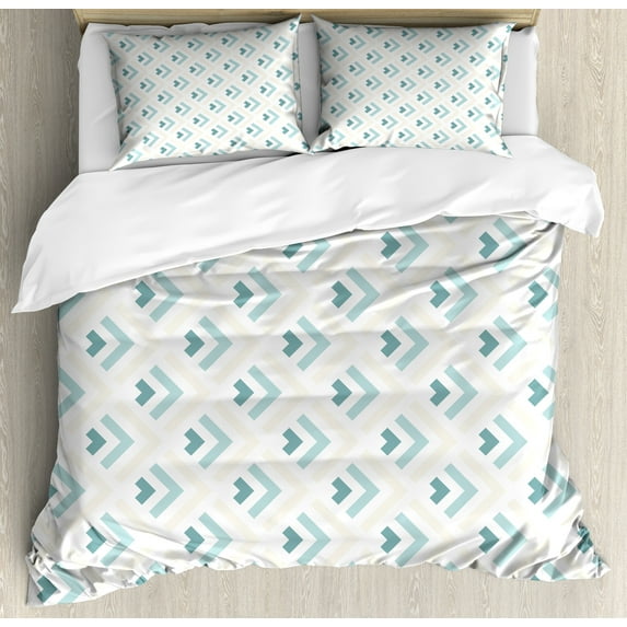 Abstract Duvet Cover Set, Arrows Pattern in Minimalist Symmetric Geometric Retro Design, Decorative 3 Piece Bedding Set with 2 Pillow Shams, King Size, Pale Peach Turquoise, by Ambesonne