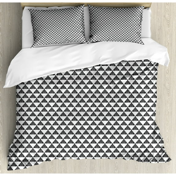 Abstract Duvet Cover Set, Art Deco Inspired Triangles Stripes Motif Pattern on Plain Backdrop, Decorative 3 Piece Bedding Set with 2 Pillow Shams, Queen Size, White and Charcoal Grey, by Ambesonne