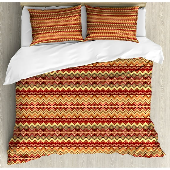 Abstract Duvet Cover Set, Abstract Art Design with Folk Ornament Print, Decorative 3 Piece Bedding Set with 2 Pillow Shams, Calking Size, Orange and Yellow, by Ambesonne