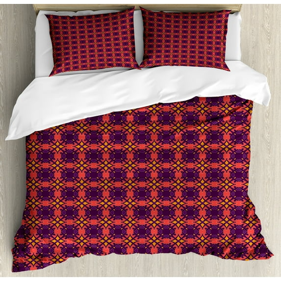 Abstract Duvet Cover Set, Autumn Tones Style Continuous Abstract Vintage Inspired Illustration, Decorative 3 Piece Bedding Set with 2 Pillow Shams, Calking Size, Plum and Dark Coral, by Ambesonne
