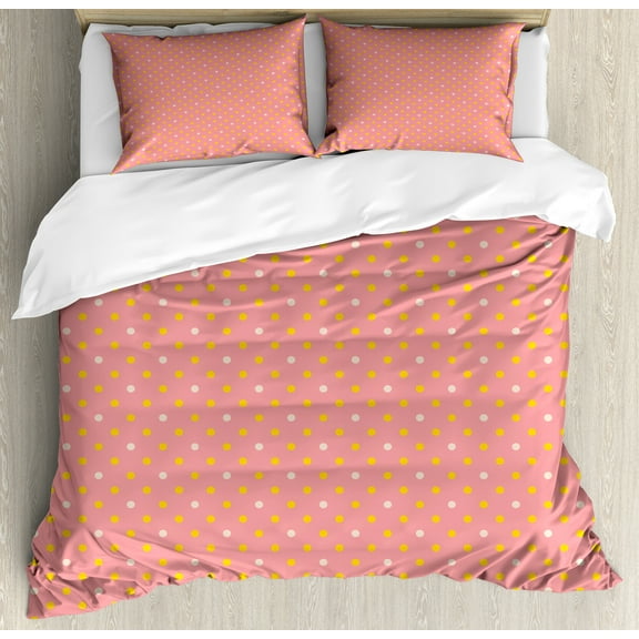 Abstract Duvet Cover Set, Bicolour Polka Dots Graphic Symmetrical Illustration, Decorative 3 Piece Bedding Set with 2 Pillow Shams, King Size, Coral Multicolor, by Ambesonne